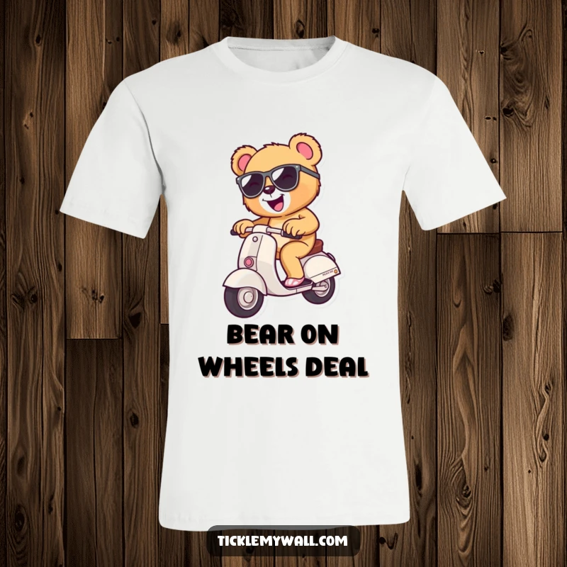 Funny excited teddy bear with sunglasses riding a tiny scooter, vibrant and humorous graphic tee design for style.