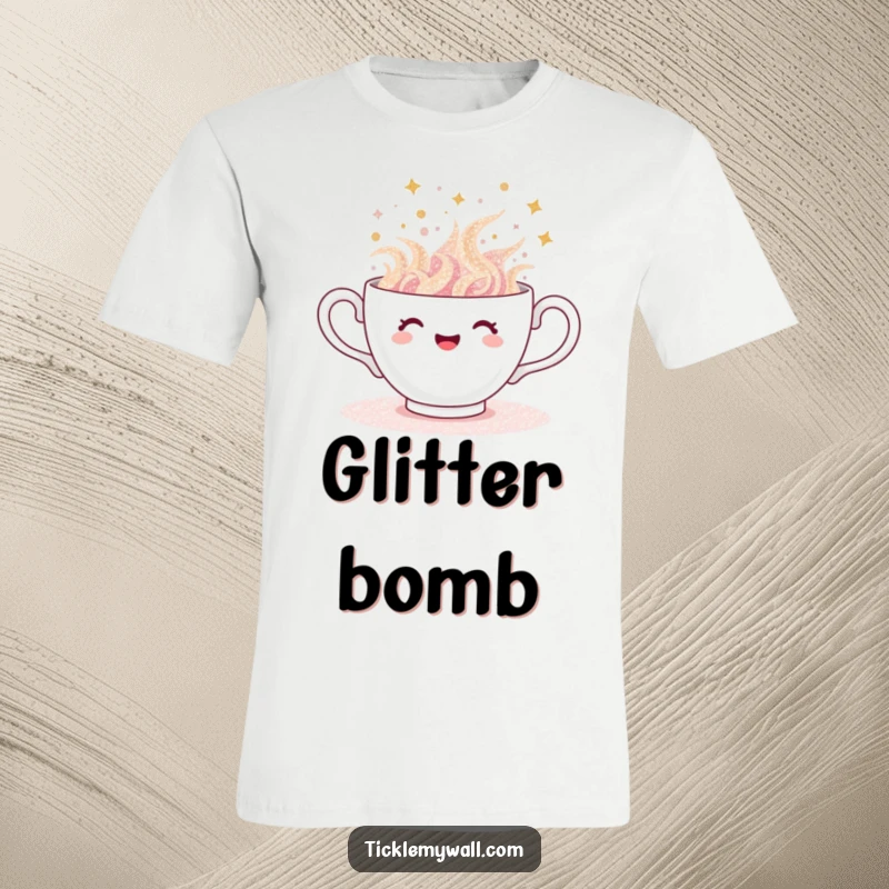 Funny teacup t-shirt, joyful cup overflowing with shimmering glitter, spilling gleefully, pure celebratory fun.