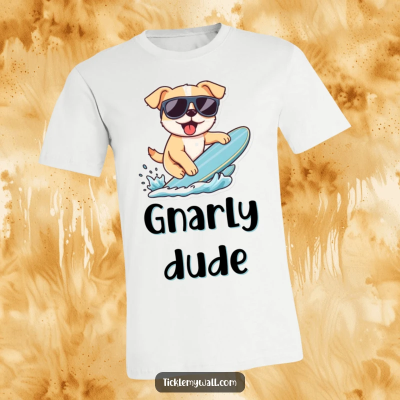 Funny t-shirt featuring a dog in sunglasses confidently attempting to surf. A comical depiction of a canine's beach adventure.