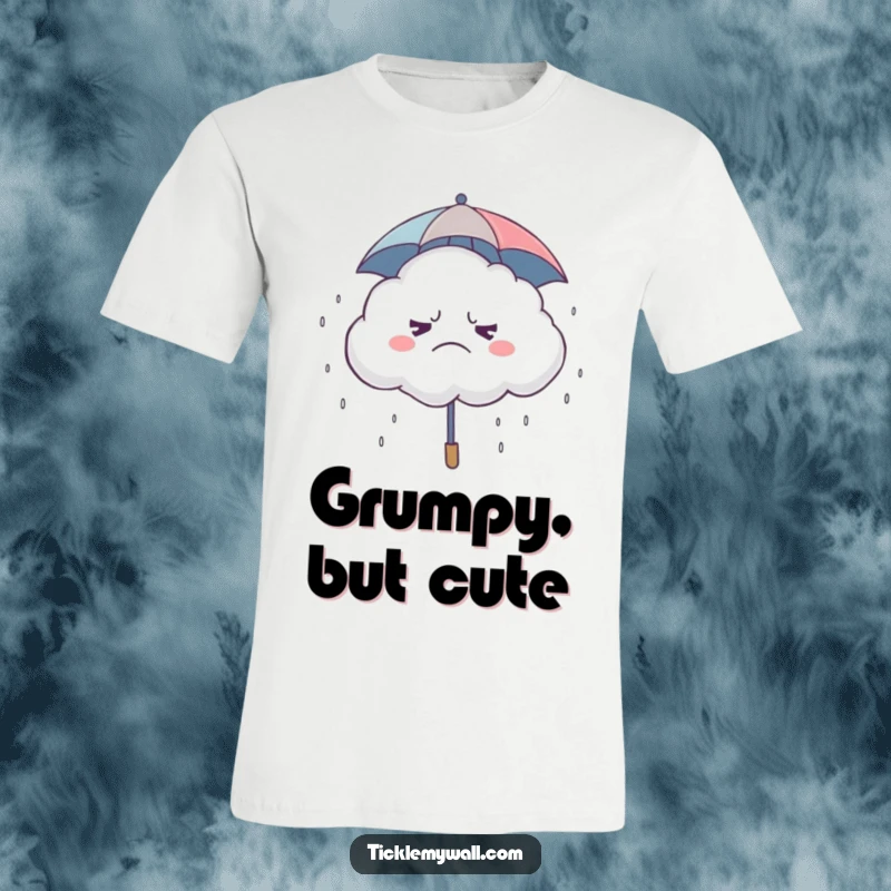Funny Grumpy Cloud T-Shirt, a frowning cloud with a miniature umbrella, raining tiny giggles, depicting humorous weather.