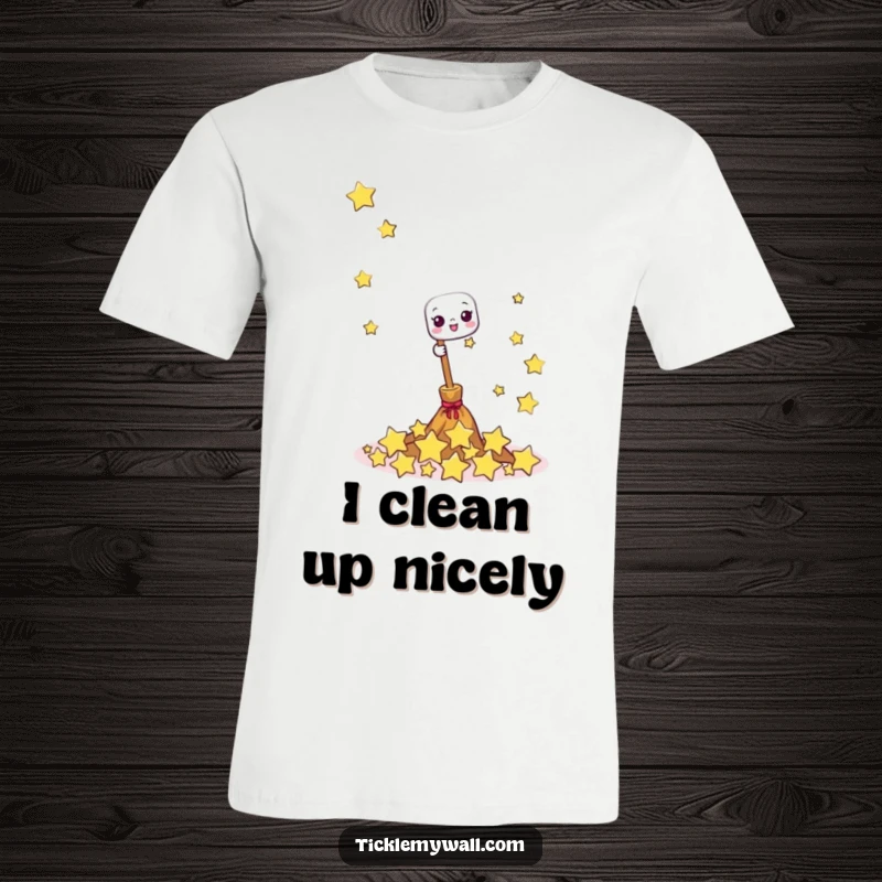 Funny t-shirt featuring a happy broom energetically sweeping a pile of giggling stars, embodying a cheerful and magical cleaning effort.