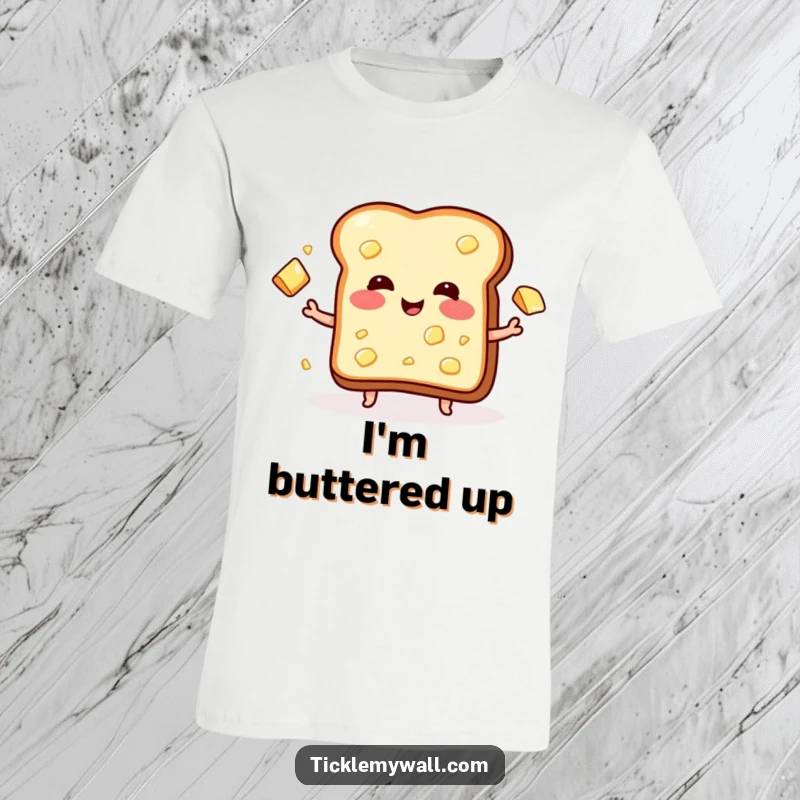 Funny t-shirt featuring a blushing, happy piece of toast skillfully juggling several pats of butter with sheer delight.