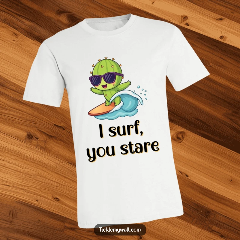 Funny t-shirt of a cactus wearing sunglasses, attempting to surf a tiny wave, a cool and humorous apparel.
