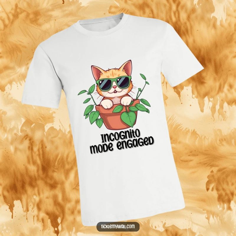Funny surprised cat wearing oversized sunglasses peeking from a potted plant, printed on a comfortable t-shirt for ultimate humor.