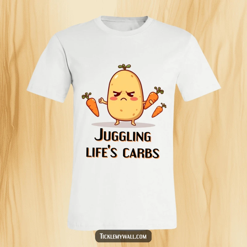 Funny T-Shirt: A wide-eyed potato character attempting to juggle tiny carrots, depicting a moment of comical stress.