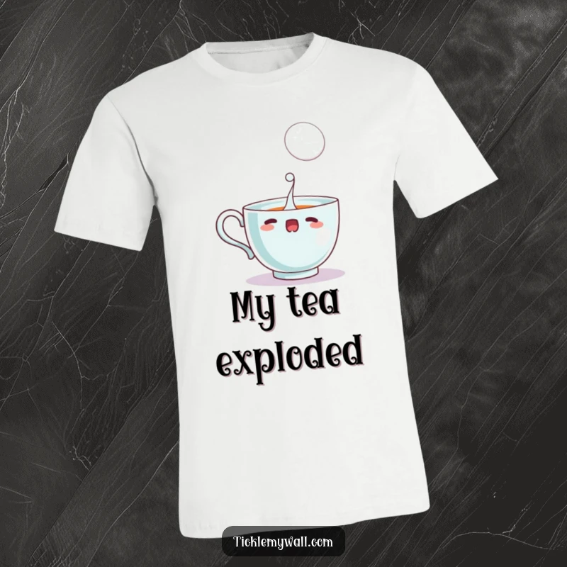 Funny startled teacup spilling a single, large bubble, printed on a comfortable t-shirt for quirky humor.