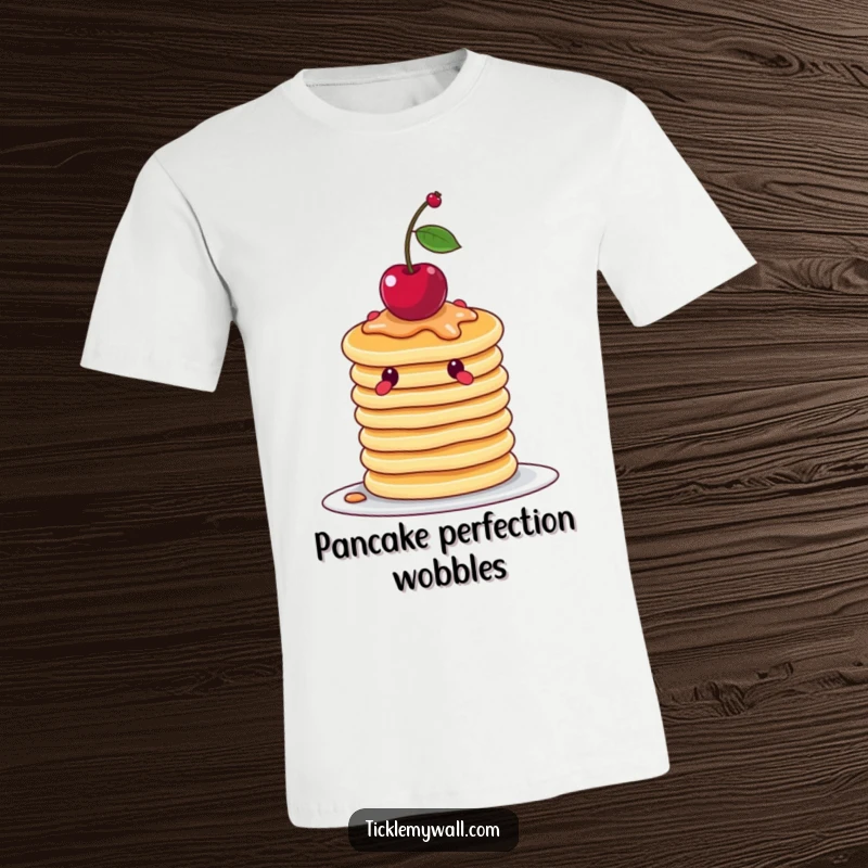 Funny wobbly stack of pancakes attempting to balance a cherry, printed on a comfortable t-shirt for food-themed humor.