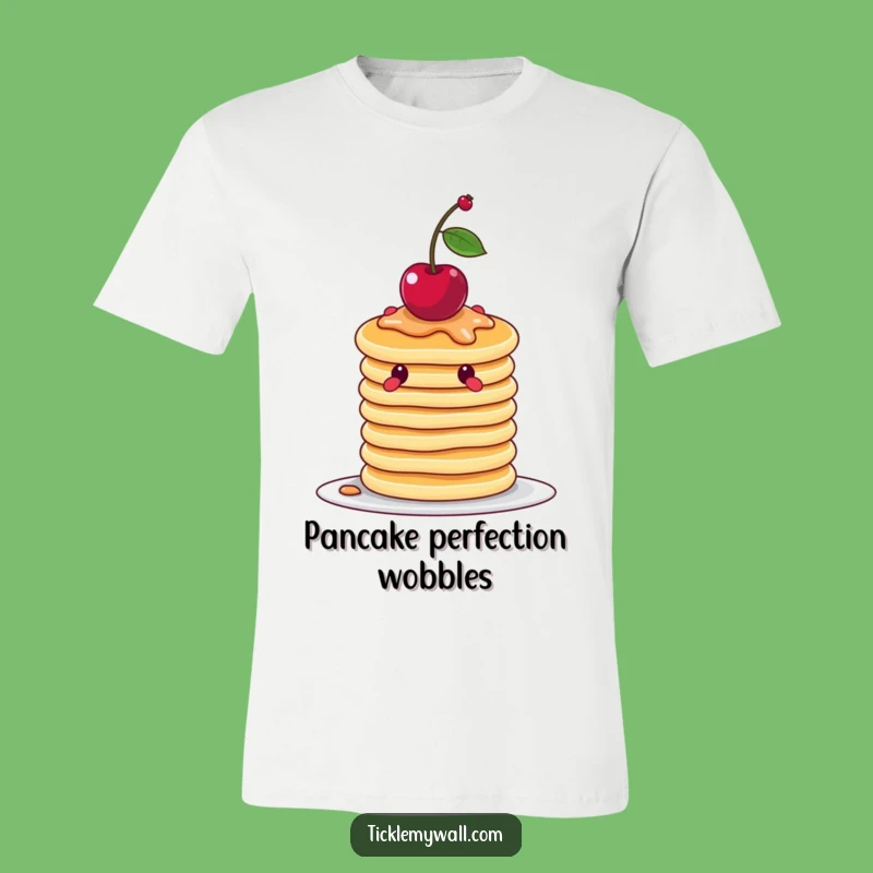 Funny Wobbly Pancake T-Shirt, Balancing Cherry Humor, Quirky Foodie Apparel Gift