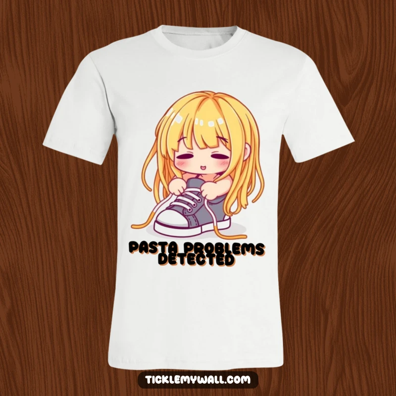 Funny Spaghetti Noodle T-Shirt, a pasta noodle struggling comically to tie its own shoelaces, showcasing funny challenges.