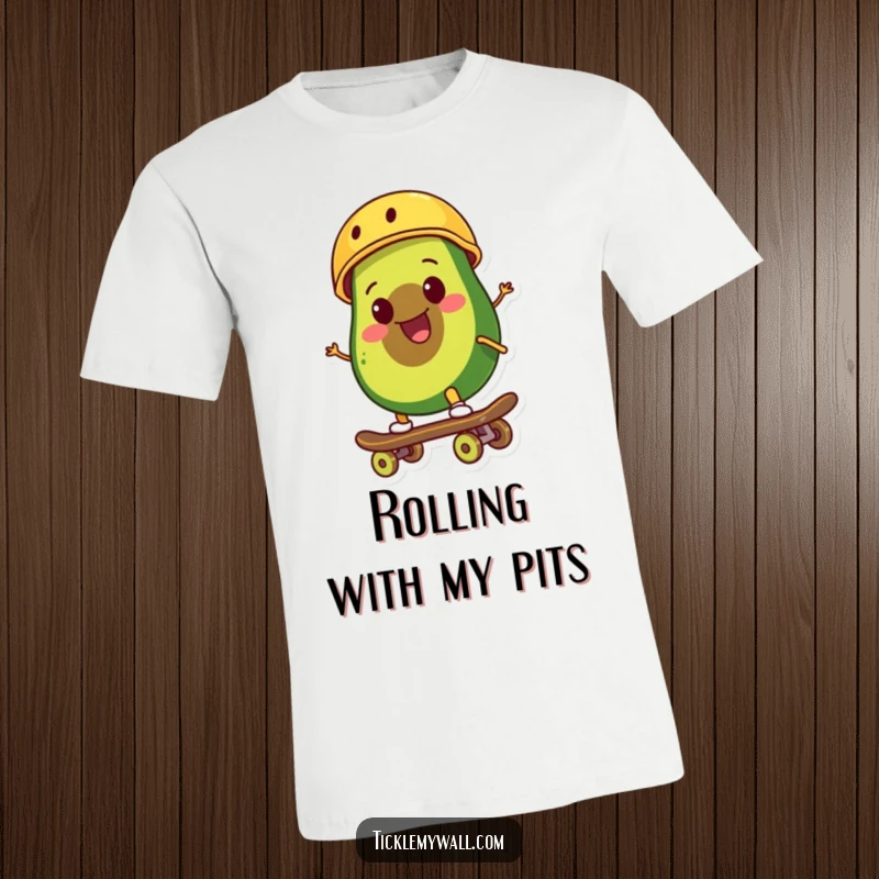 Funny smiling avocado wearing a tiny helmet rides a skateboard with a cool, determined expression on a soft cotton t-shirt.