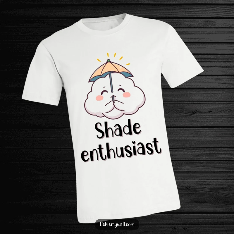 Funny t-shirt featuring a nervous cloud clutching a tiny umbrella, comically attempting to block a single, persistent sunbeam. Relatable anxiety.