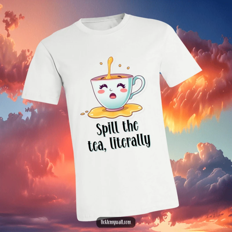 Funny Teacup T-Shirt showing a happy teacup character comically tipping over and spilling its tea in a moment of shock.
