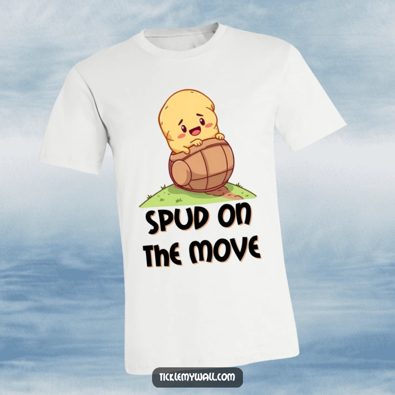 Funny determined potato rolling down a hill inside a tiny barrel on a t-shirt, a humorous adventure design.