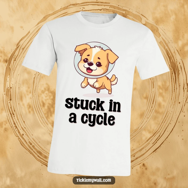 Funny t-shirt depicting a confused dog wearing a white cone of shame and spinning in circles, perfect for pet owners.