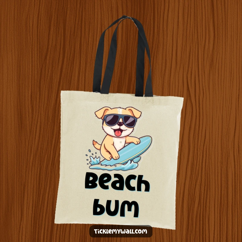 Funny tote bag with a dog wearing sunglasses, attempting to surf. A practical and humorous bag for beach trips and everyday use.