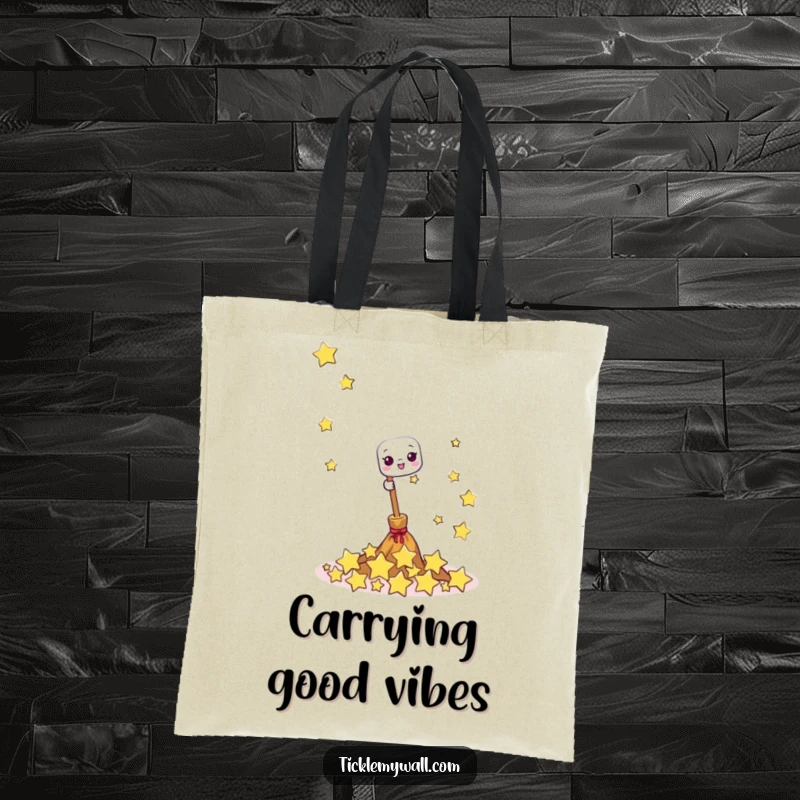 Funny tote bag illustration of a happy broom joyfully sweeping giggling stars, a practical and magical accessory.