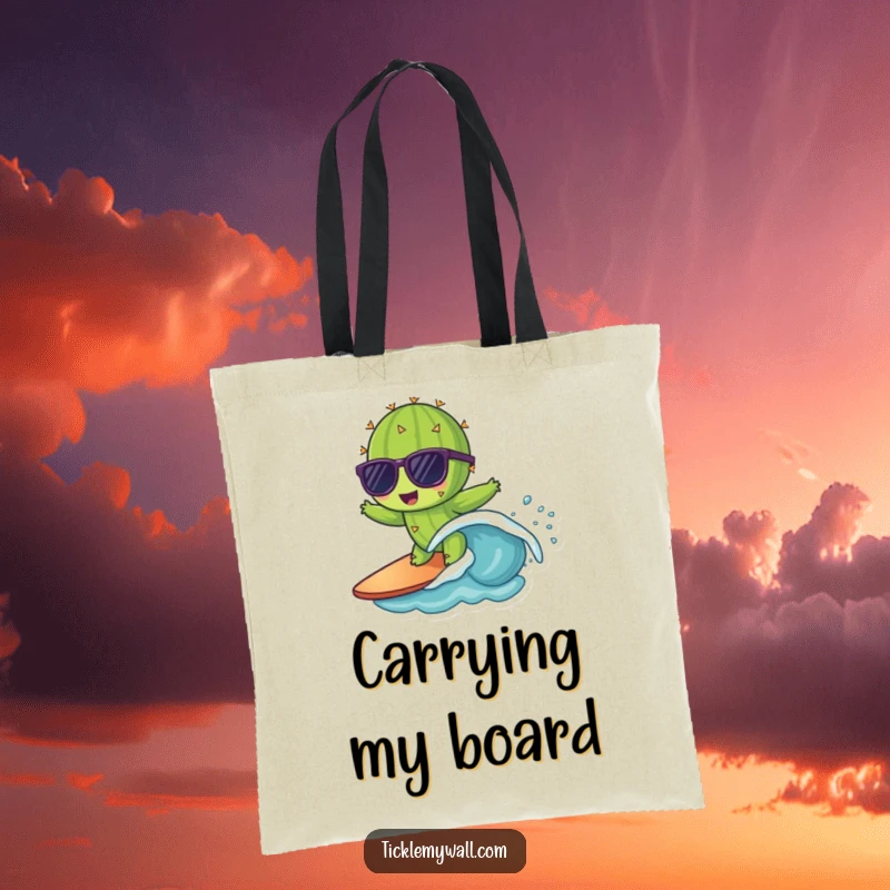 Funny tote bag showcasing a cactus in sunglasses attempting to surf a small wave, a stylish and humorous accessory.