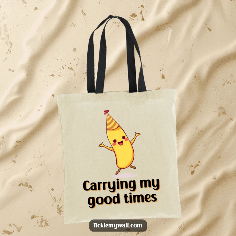 Funny dancing banana wearing a party hat slipping on its own peel on a durable canvas tote bag.