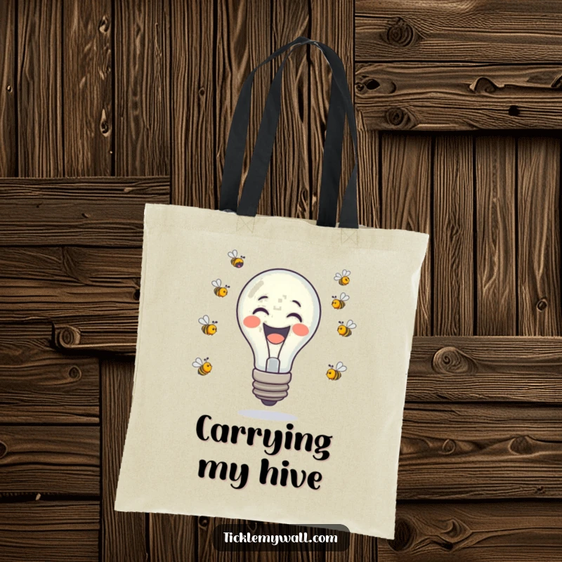 Funny laughing lightbulb juggling tiny buzzing bees on a tote bag, a humorous and practical accessory.