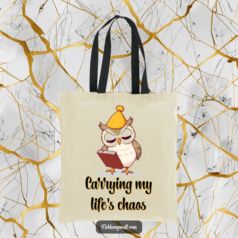 Funny tote bag illustrating a clumsy owl in a hat tripping while holding a book, practical and amusing.