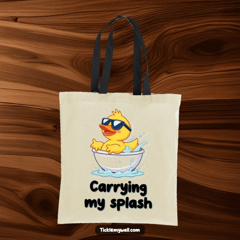Funny rubber duck wearing sunglasses, launching from a bathtub splash, a humorous and durable tote bag.