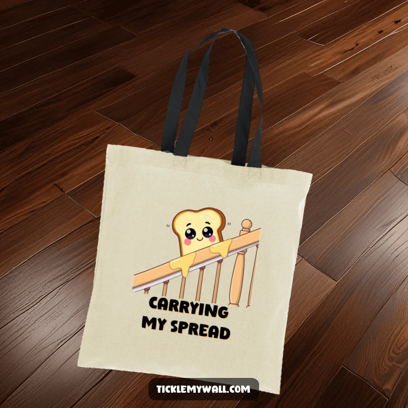 Funny piece of toast with googly eyes sliding down a buttered banister, a humorous and durable tote bag.