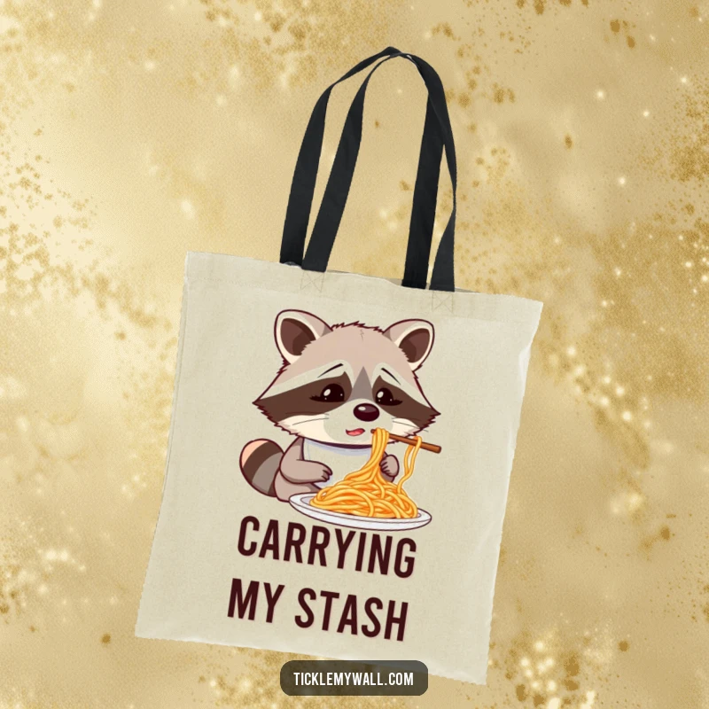 Funny confused raccoon wearing a bib attempting to eat spaghetti with chopsticks, a humorous and durable tote bag.