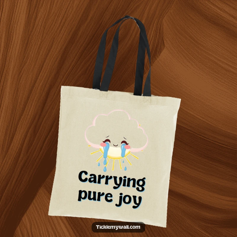 Funny fluffy cloud weeping tears of joy onto a sun, whimsical tote bag, happy accessory gift.