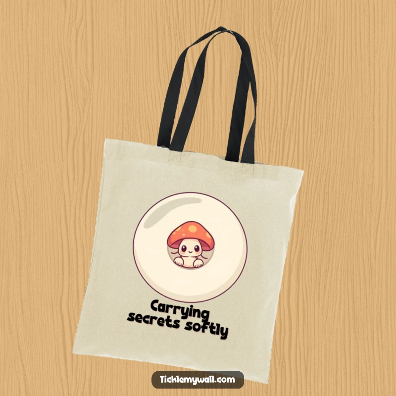 Funny shy mushroom peeking from behind a giant smiling button on a tote bag, a cute and humorous accessory.