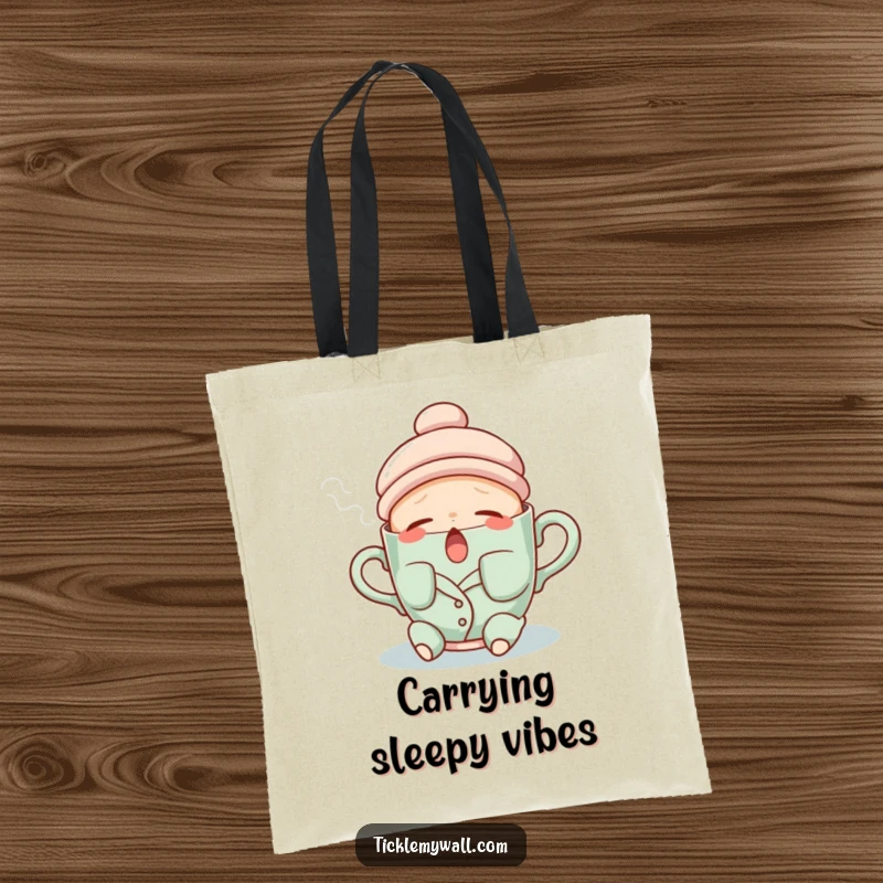 Funny tote bag designed with a sleepy teacup wearing pajamas and yawning steam, perfect for relaxation lovers.