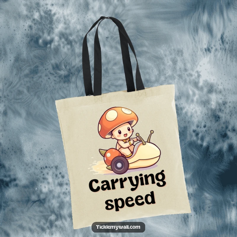 Funny Mushroom Snail Tote Bag, a mushroom riding a snail like a race car, perfect for humorous shopping.