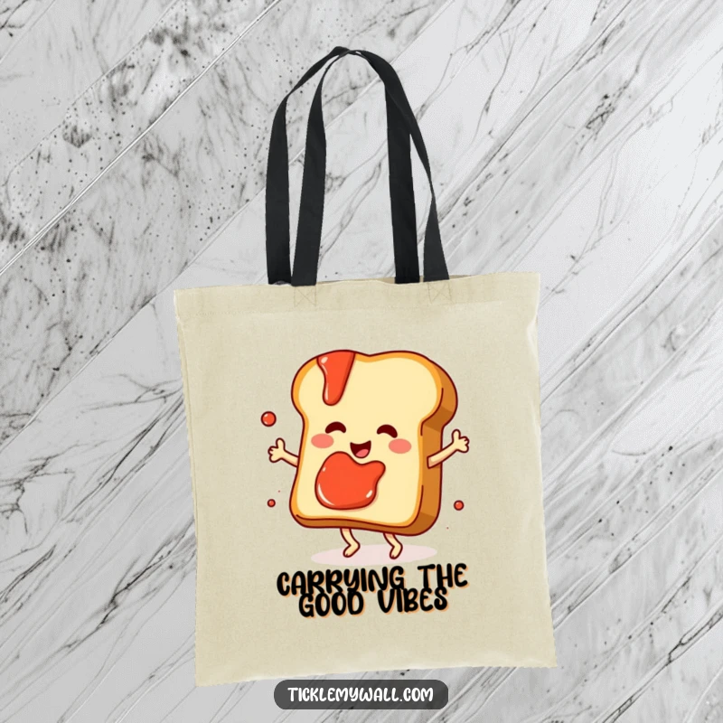 Funny dancing slice of toast with jam splattering playfully, on a durable tote bag, ideal for shopping and foodies.