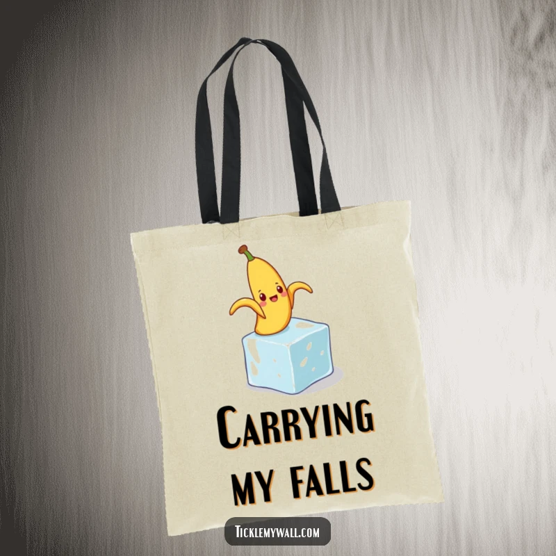 Funny tote bag featuring a banana peel comically slipping on a small ice cube, perfect for carrying essentials and humor.