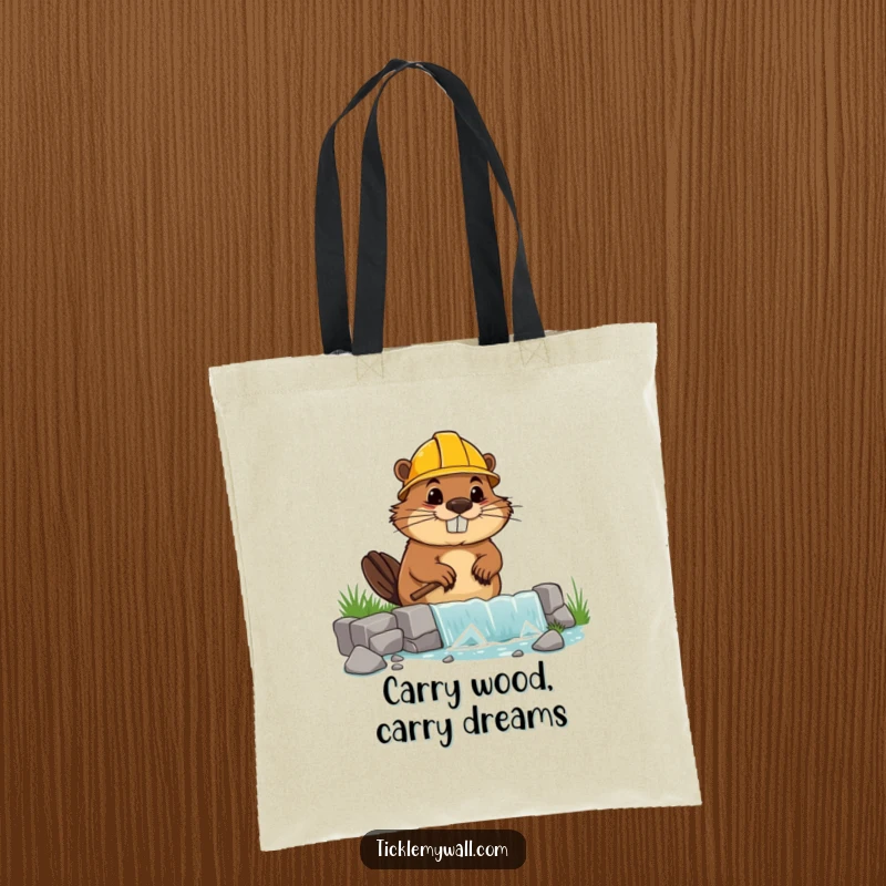 Funny tote bag illustrating a goofy beaver wearing a hard hat, building a wonky dam, practical and amusing.