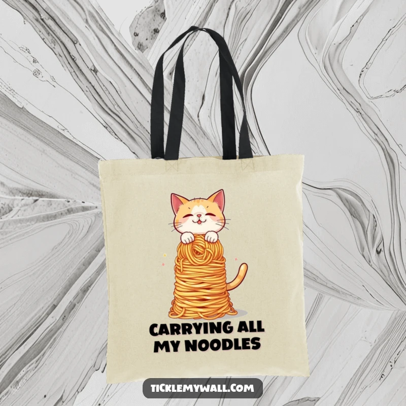 Funny Cat Spaghetti Balance Tote Bag: A cat attempts to balance an enormous amount of spaghetti, a funny sight for shoppers.