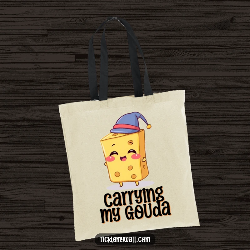 Funny Cheese Tote Bag depicting a giggling slice of cheese playfully trying on a small hat, perfect for grocery runs and everyday use.