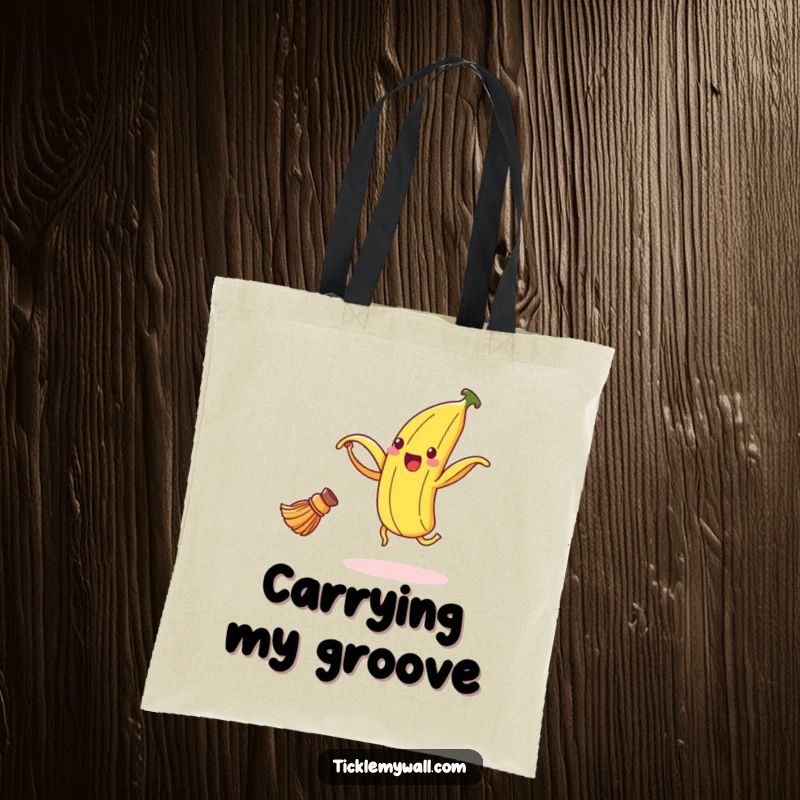 Funny banana peel tote bag showing a happy peel dancing with a broom, a humorous and practical accessory.
