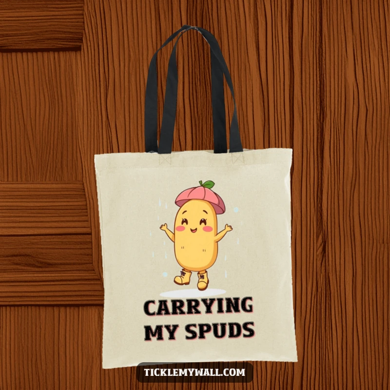 Funny Dancing Potato Boots Rain Tote Bag: A happy potato in boots dances in rain, a funny tote.