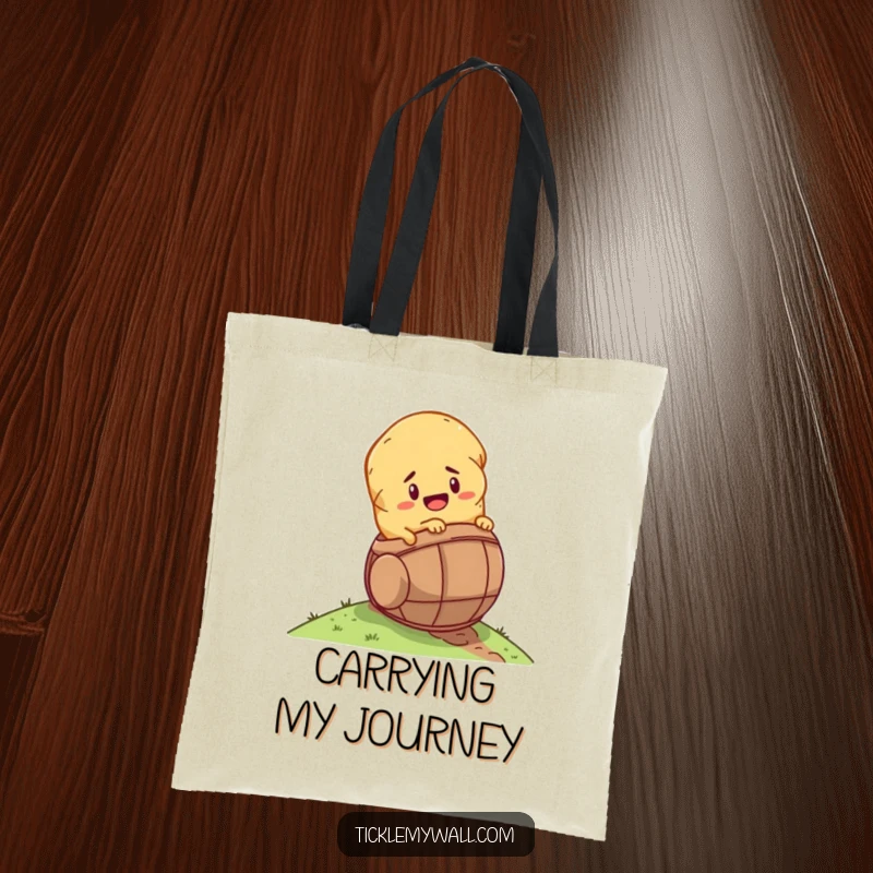 Funny determined potato rolling down a hill inside a tiny barrel on a tote bag, a humorous and practical accessory.