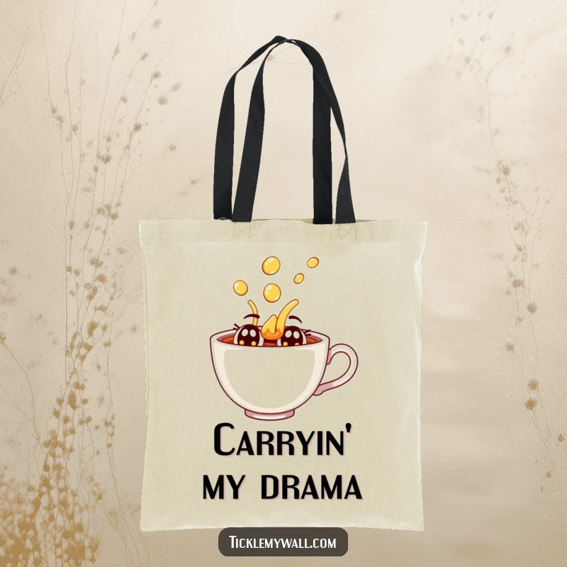 Funny joyful teacup with eyes spilling tea dramatically on a durable canvas tote bag.