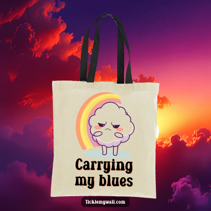 Funny Tote Bag: A frowning cloud character attempting to hug a rainbow, a humorous accessory for everyday.