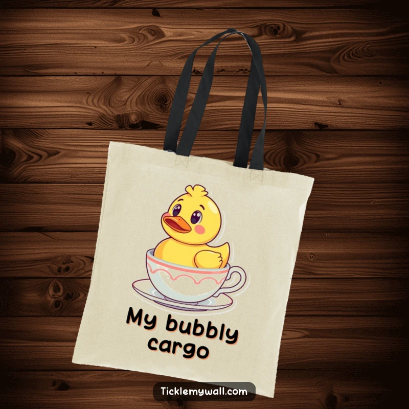 Funny Rubber Ducky Teacup Tote Bag: A surprised rubber ducky floating in a teacup, a humorous and practical accessory.