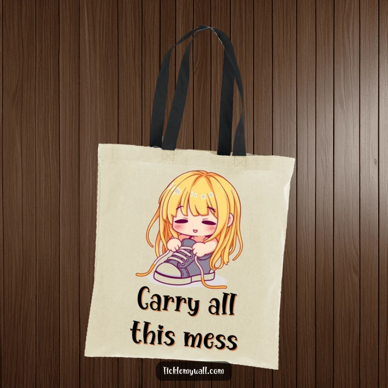 Funny Spaghetti Noodle Tote Bag, a spaghetti noodle hilariously trying to tie shoelaces, a humorous accessory.