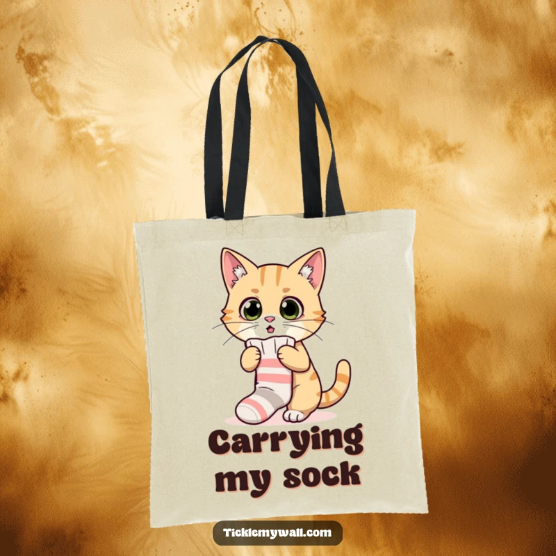 Funny tote bag featuring a surprised cat hilariously attempting to wear a tiny sock, ideal for carrying essentials with humor.