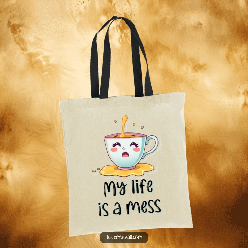Funny Teacup Tote Bag capturing a cheerful teacup character comically spilling its contents in a moment of surprise, great for shoppers.