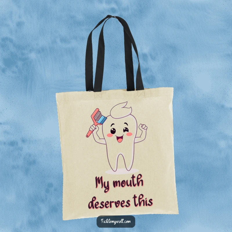 Funny toothbrush tote bag with cartoon muscles, depicting a successful brushing of a giant tooth, perfect for humorous grocery runs.