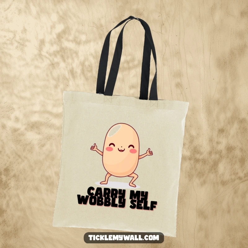 Funny Yoga Jelly Bean Tote Bag: A wobbly jelly bean character attempting a yoga pose, symbolizing fun and flexibility.