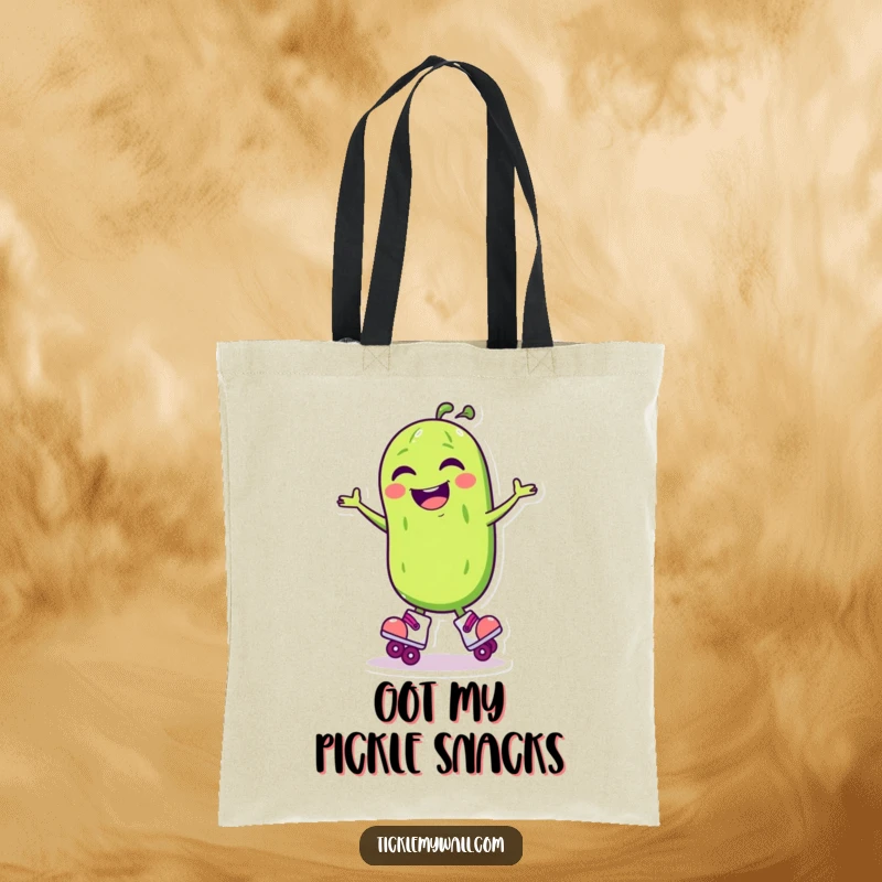Funny Laughing Pickle Roller Skate Tote Bag: A laughing pickle on skates spins, a funny tote.