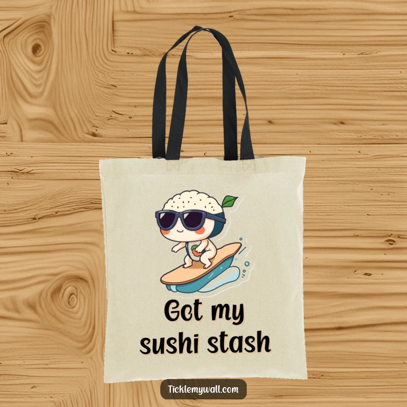 Funny Sushi Wave Sunglasses Tote Bag: Sushi with sunglasses surfs a wave, great for carrying funny gifts.