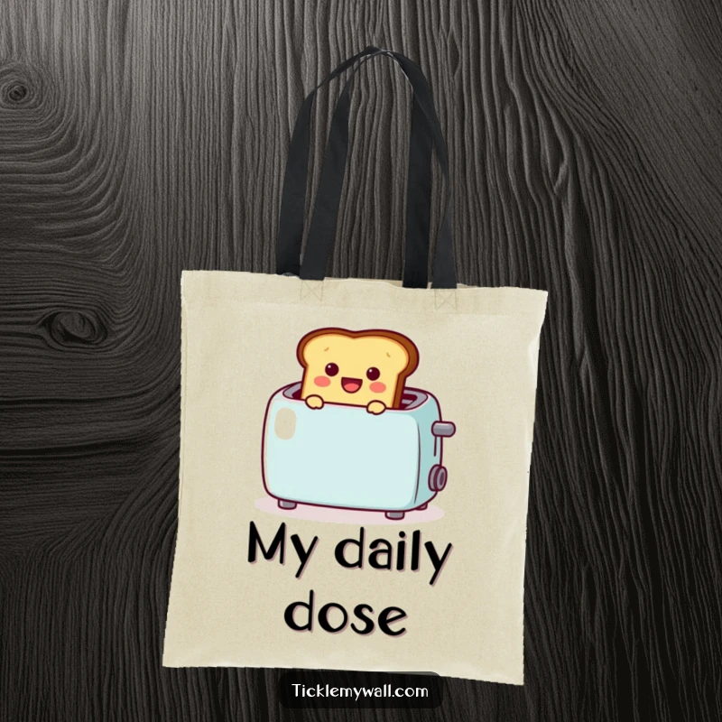 Funny tote bag featuring cheerful toast popping from a toaster with a 🎉, a whimsical accessory for carrying essentials, a great funny gift.